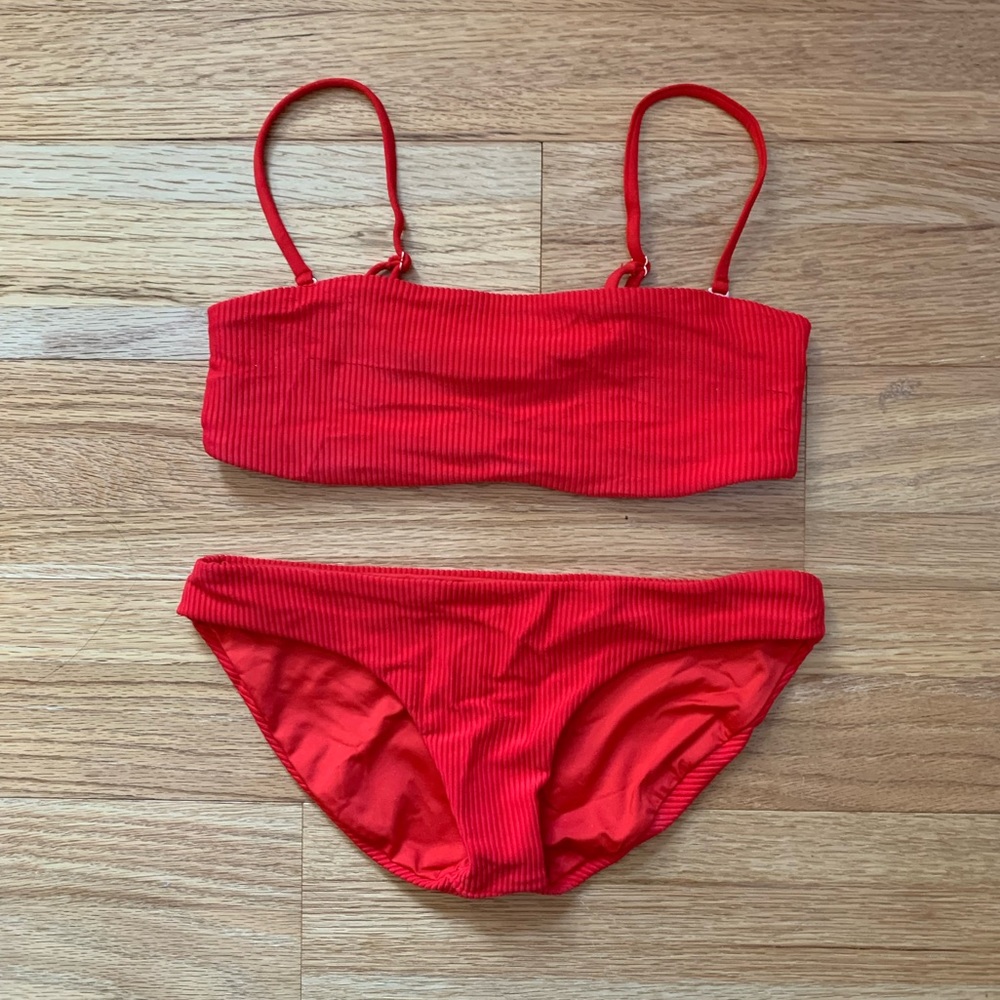 NWOT - Frankies Bikinis Ribbed Bandeau Top and Bottoms in Red. Size XSmall.